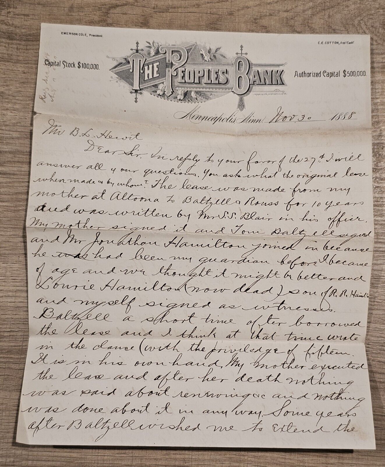 1888 The People\'s Bank Letterhead Legal Matters Letter Minneapolis, MN
