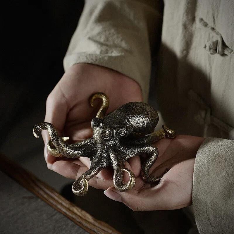 Solid Brass Big Octopus Figurine Ornament Tea Pet Antique Statue Décor Craft