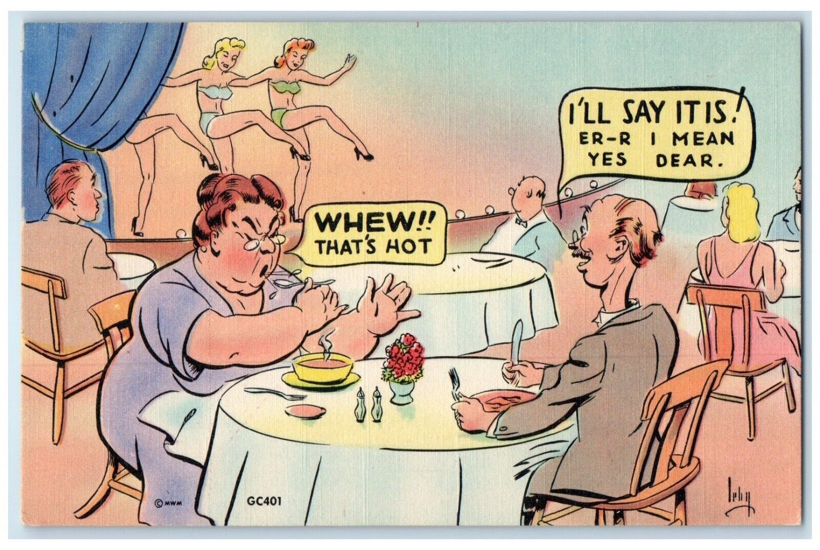 c1930\'s Couple Having Dinner Sexy Girls That\'s Hot Unposted Vintage Postcard