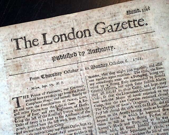 TURN OF THE 18th Century 323 Yrs. old London Gazette England Rare 1701 Newspaper