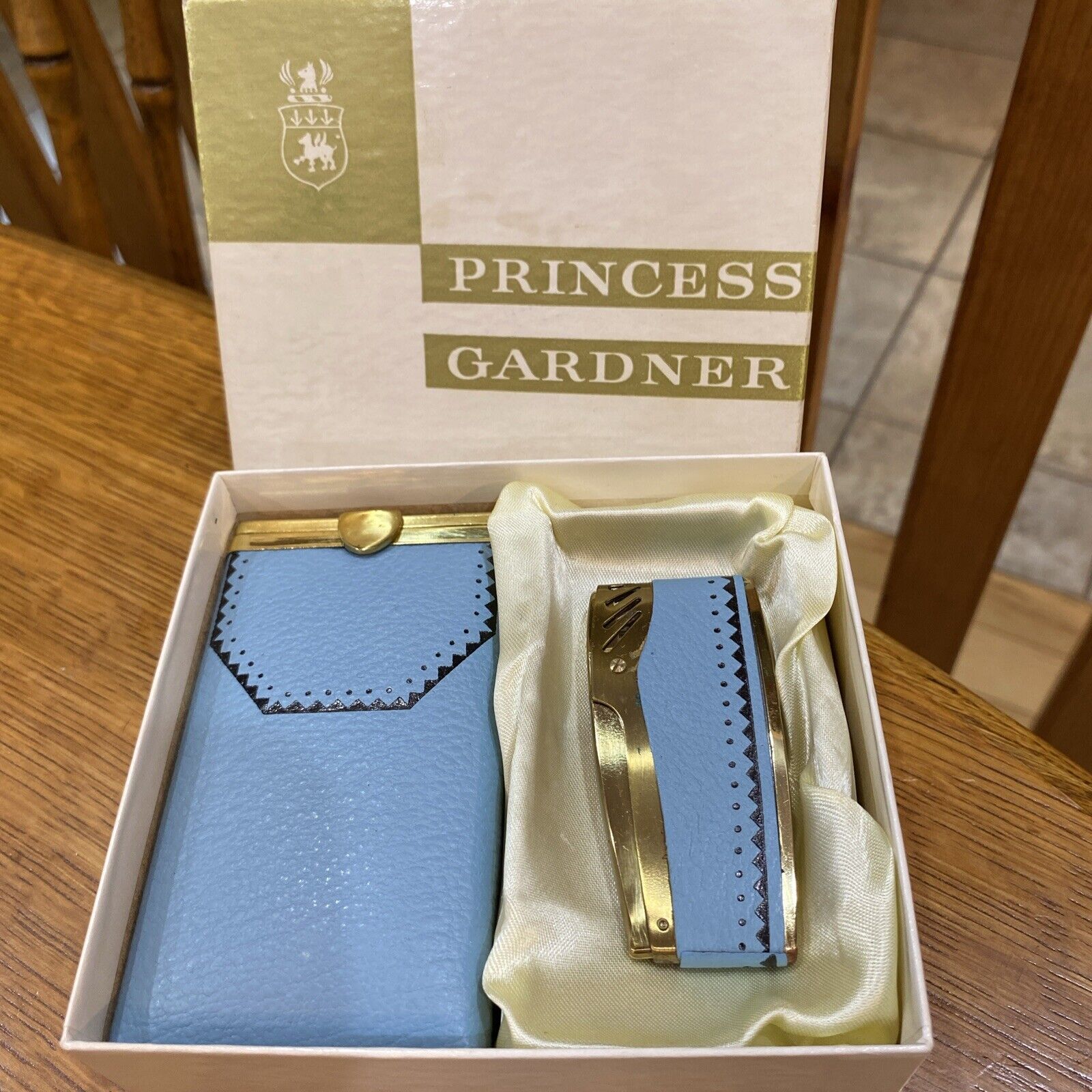 Vintage Princess Gardner Light Blue Cigarette Case w/ Lighter In Box
