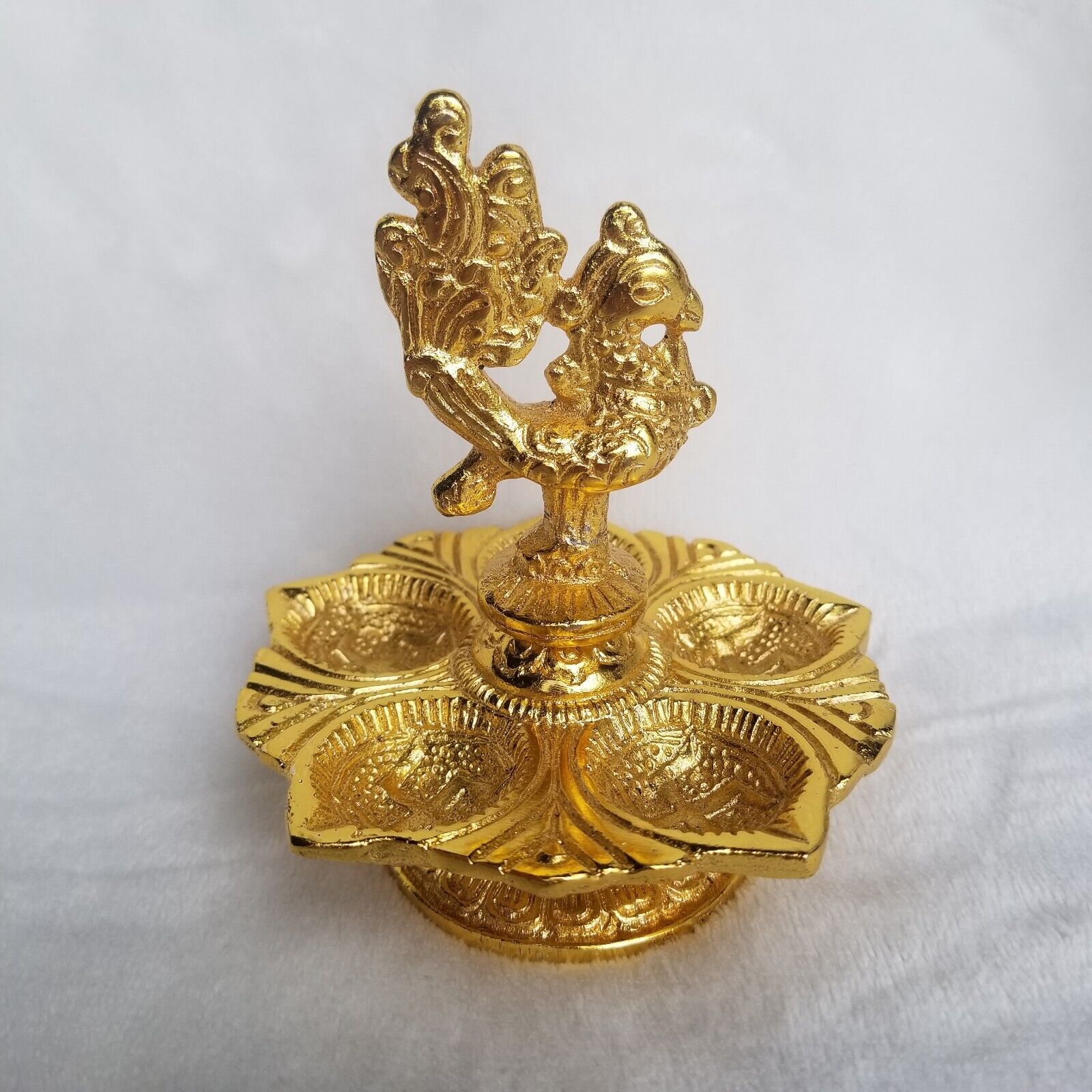Handmade Golden Brass Peacock Diya 5 Wicks Decorative Traditional Indian Hindu