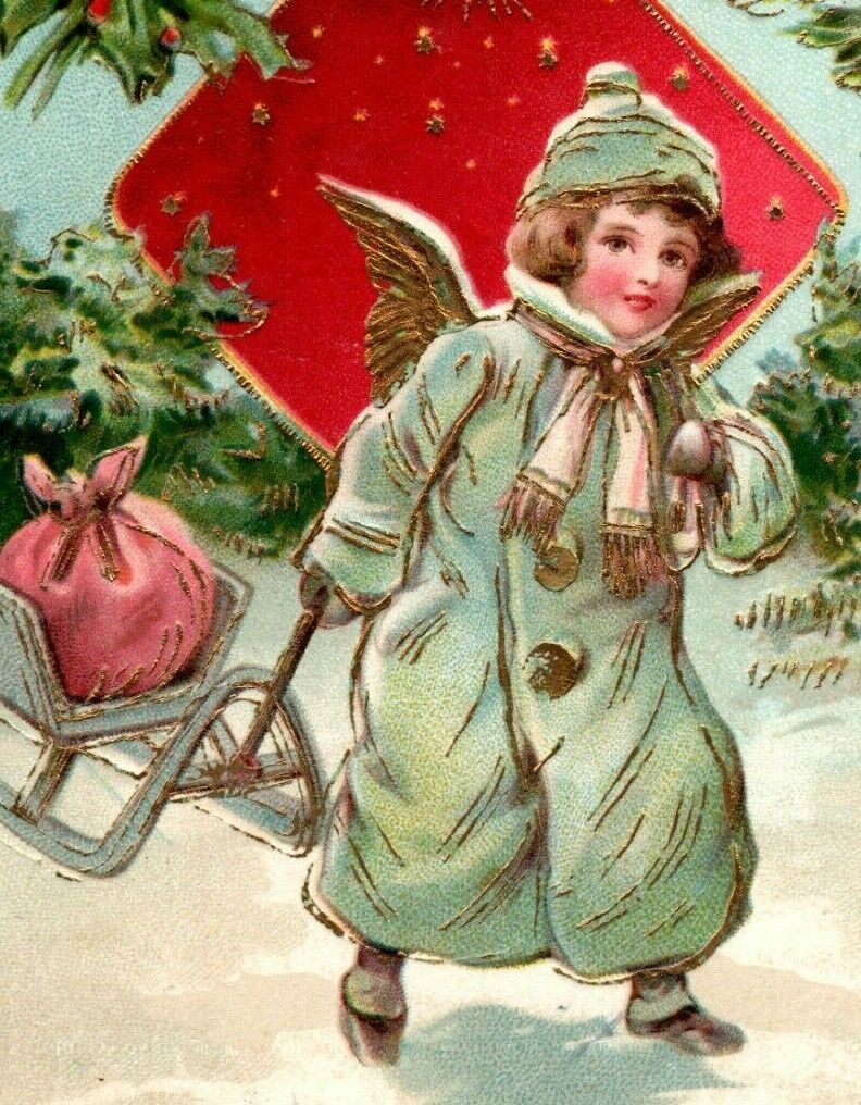 1908 Embossed Christmas / Valentine Postcard Victorian Girl Pulling A Sled