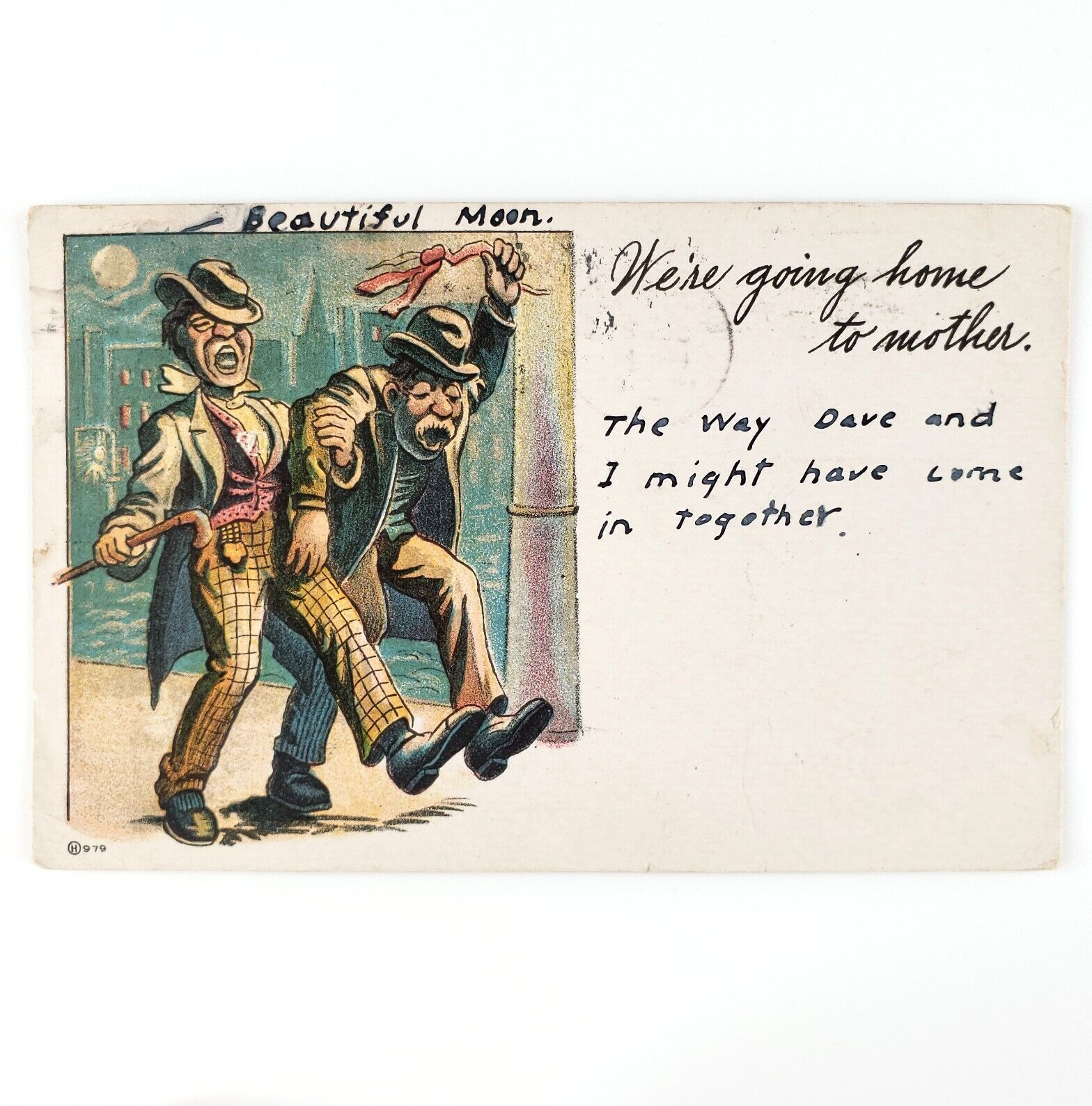 Drunk Men Walking Home Postcard c1908 Night Street Drinking Illustration C1607