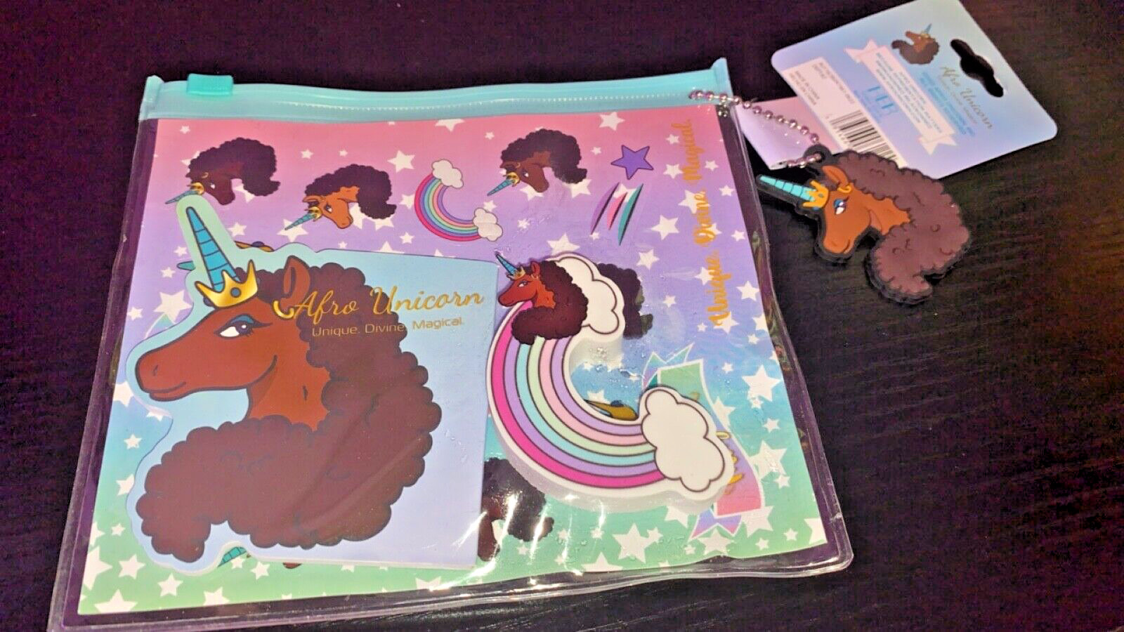 Adorable Afro Unicorn Stationary Set (Notebook,Eraser,Stickers, & Carrying Case)