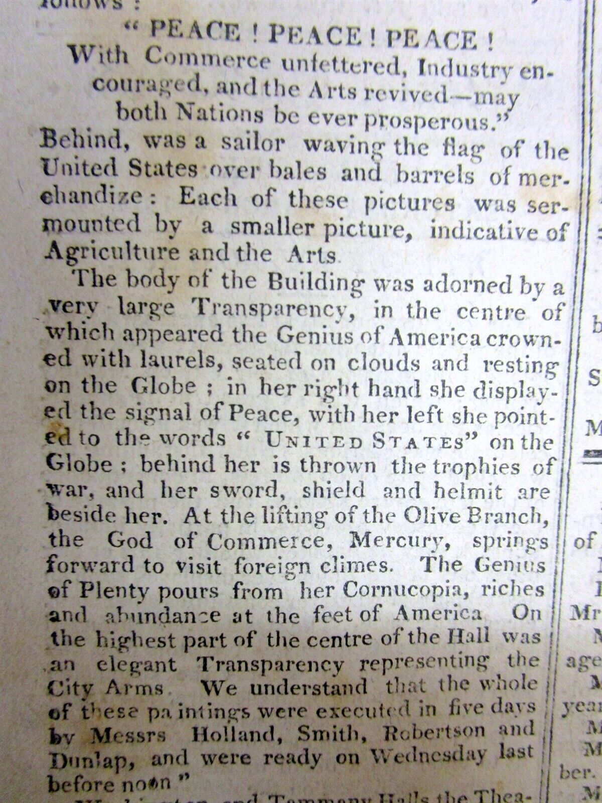 1815 newspaper with news of the PEACE TREATY marking the END of the WAR of 1812