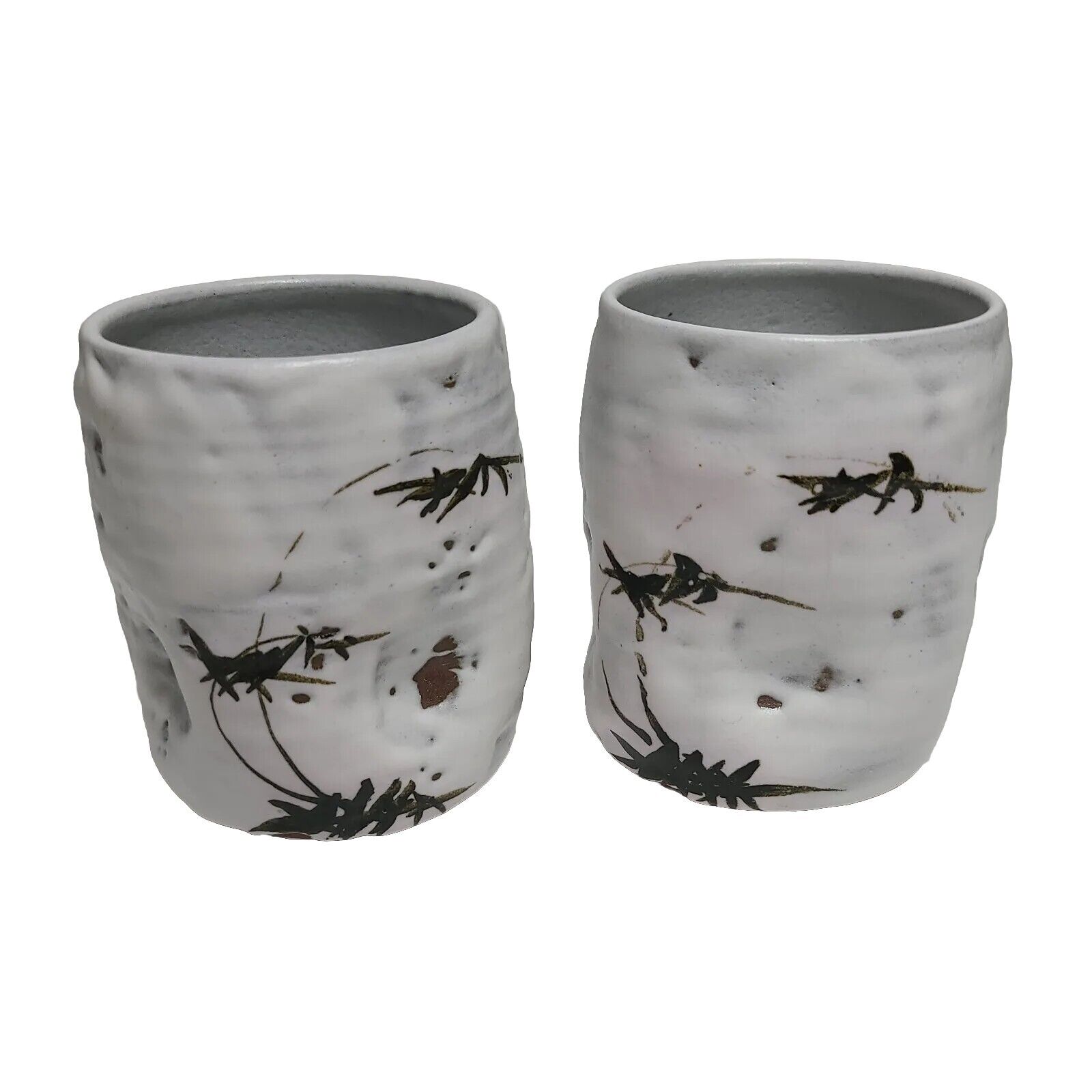 Japanese Handmade Pottery Cups White Glaze Foliage Design Pair