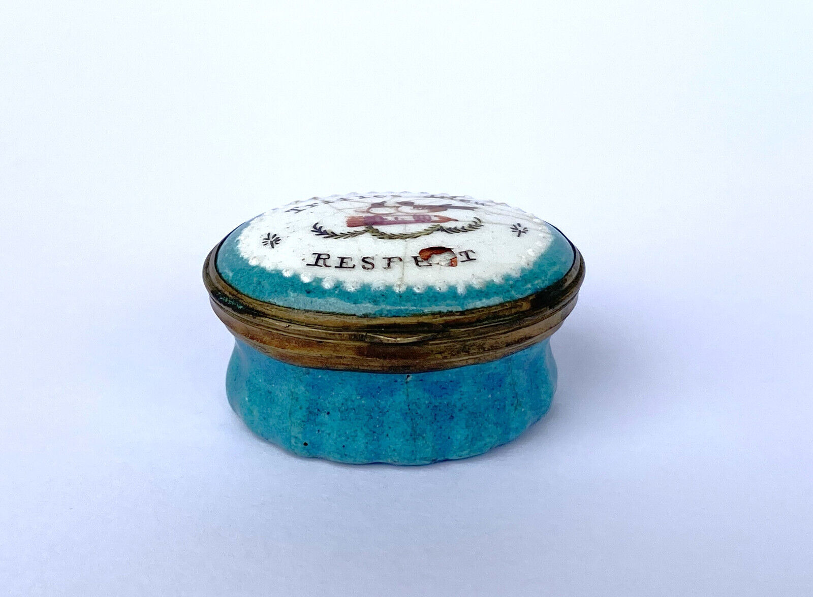 Antique 18th C. Bilston Turquoise White Enamel Patch Box \'Trifles Shew Respect\'