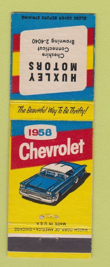 Matchbook Cover - 1958 Chevrolet Huxley Motors Cheshire CT