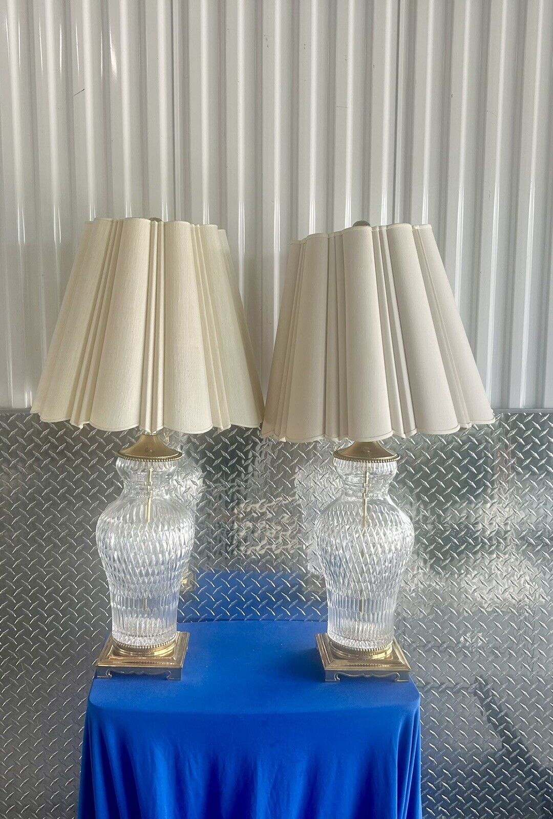 Large Vintage Urn Style Cut Crystal Table Lamp Thumbrint Brass Mounted
