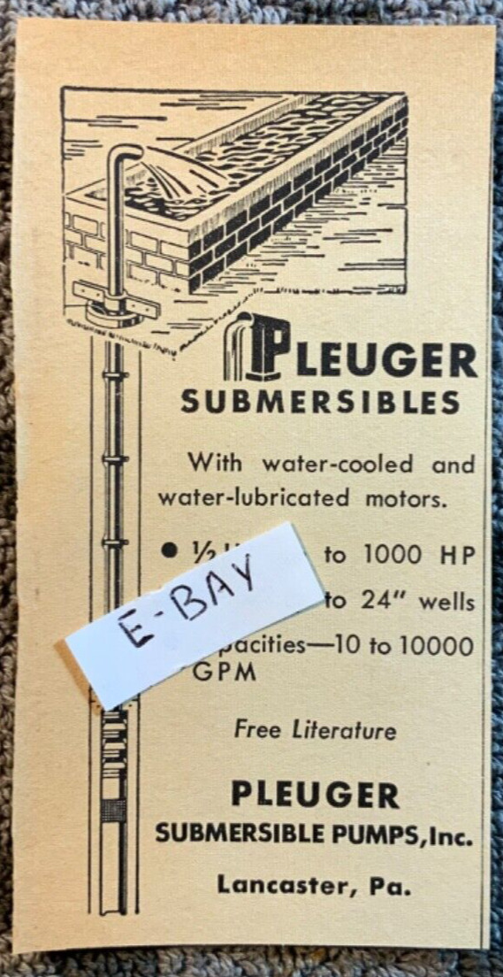 1960 Ad. Pleuger Submersible Pumps Inc. Lancaster Pa.