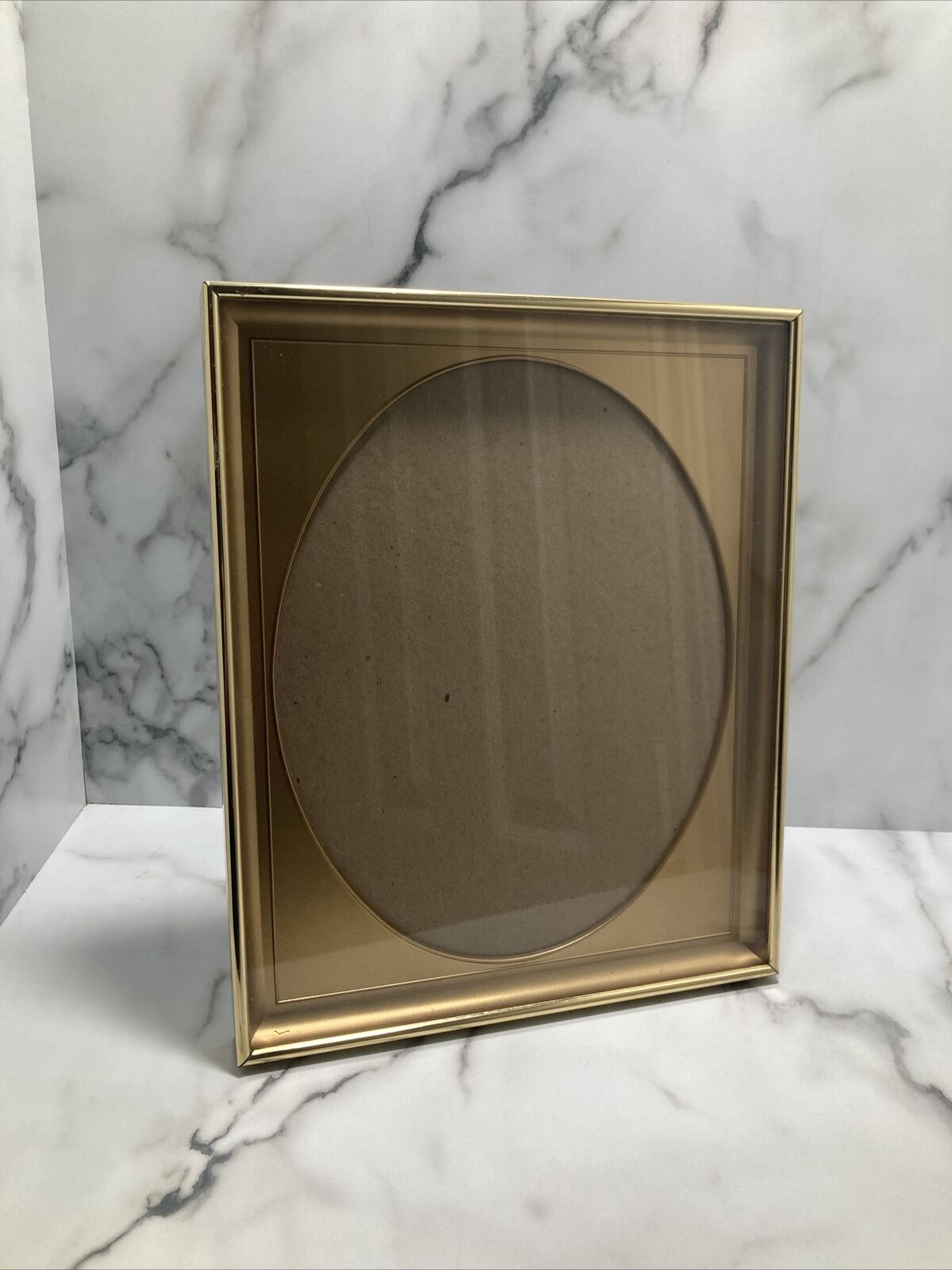 Vintage 70s Shadow Box Gold Metal Picture Frame 9X11 Oval Gold Mat 8X10 Photo