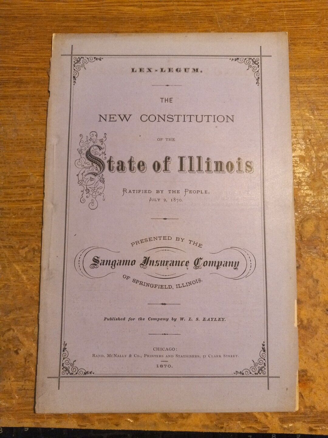 Rare 1870 The New Constitution State of Illinois Sangamo Insurance Co.