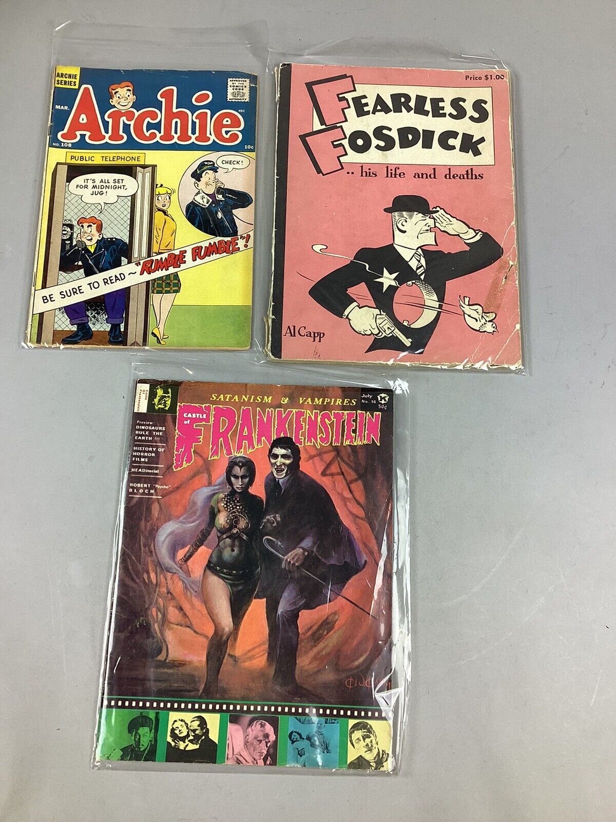 Vintage Comic Books - Archie #108, Fearless Fosdick & Castle Of Frankenstein 