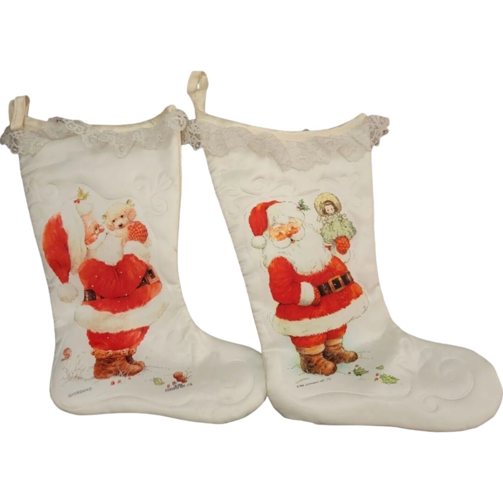 2 Vintage 1986 Giordano Satin & Lace Art Santa Christmas Stockings