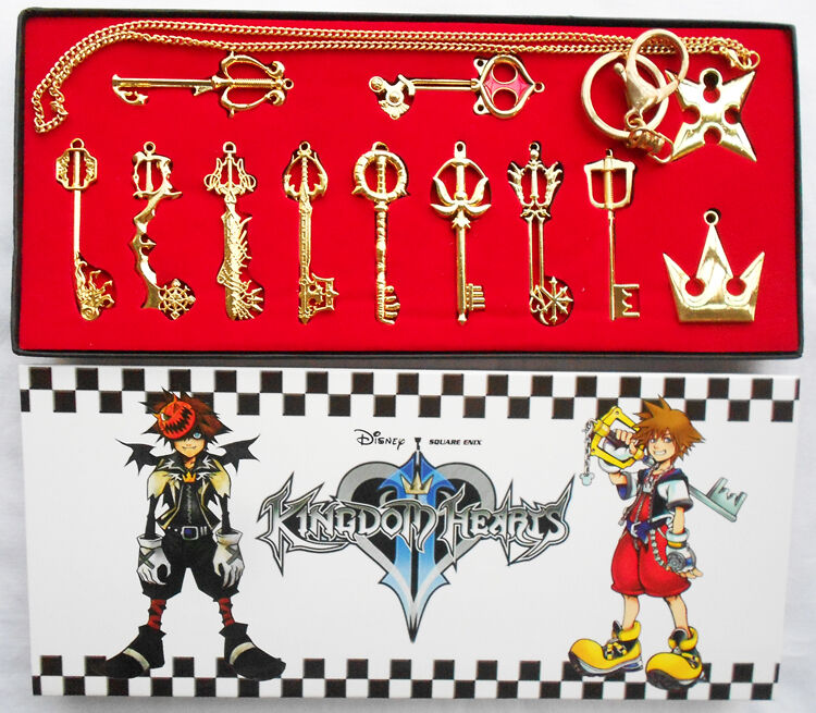 12pcs/Set Kingdom Hearts II KEY BLADE Necklace Pendant+Keyblade+Keychain Gold