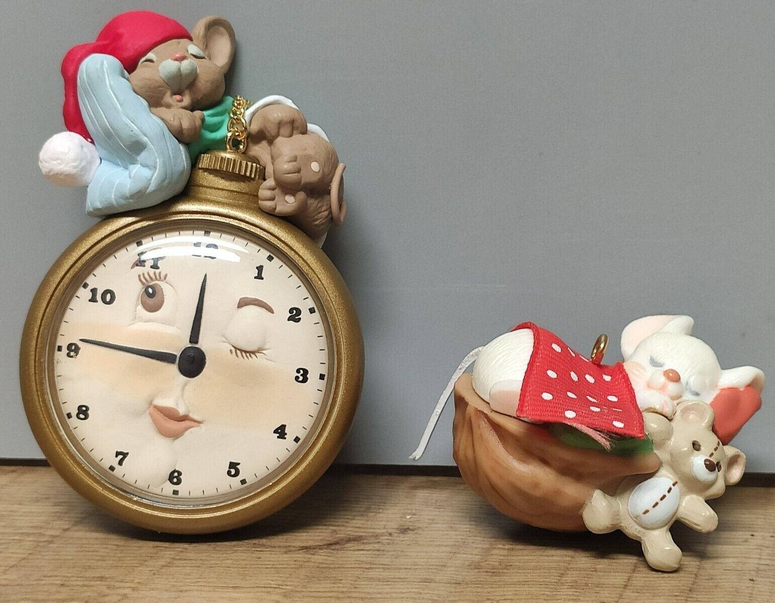 Vintage Hallmark Mouse Sleeping Napping Ornaments 1998 On Clock And 1984 On Nut
