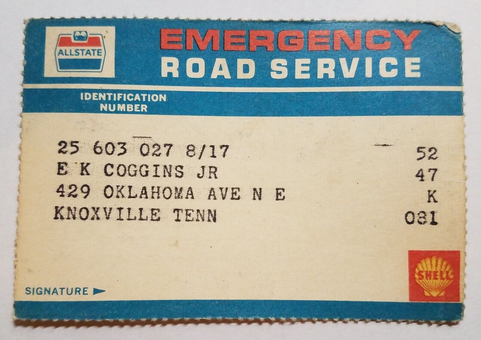Vintage 1960\'s Allstate Insurance Shell Oil Co. Roadside Emergency Paper ID Card