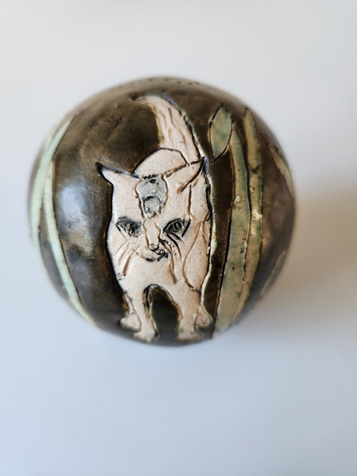 Ceramic Rattle Ball With Cats Raku Signed T.day 2003