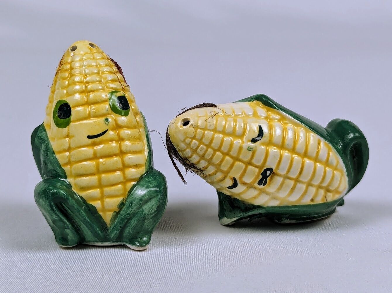 Vintage Anthropomorphic Ear of Corn Salt & Pepper Shakers with Cornsilk Hair
