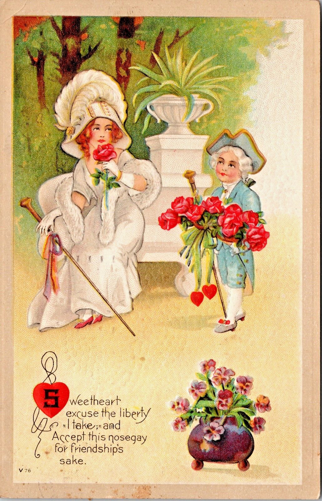 Valentine Costume Lady White Gown Hat Boy Blue Suit Hat Poem P.U. 1923 (N-252)