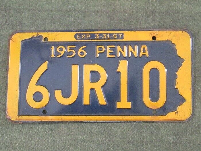 Antique 1956 License Plate Pennsylvania State Shaped For YOM Use # 6JR10 NICE