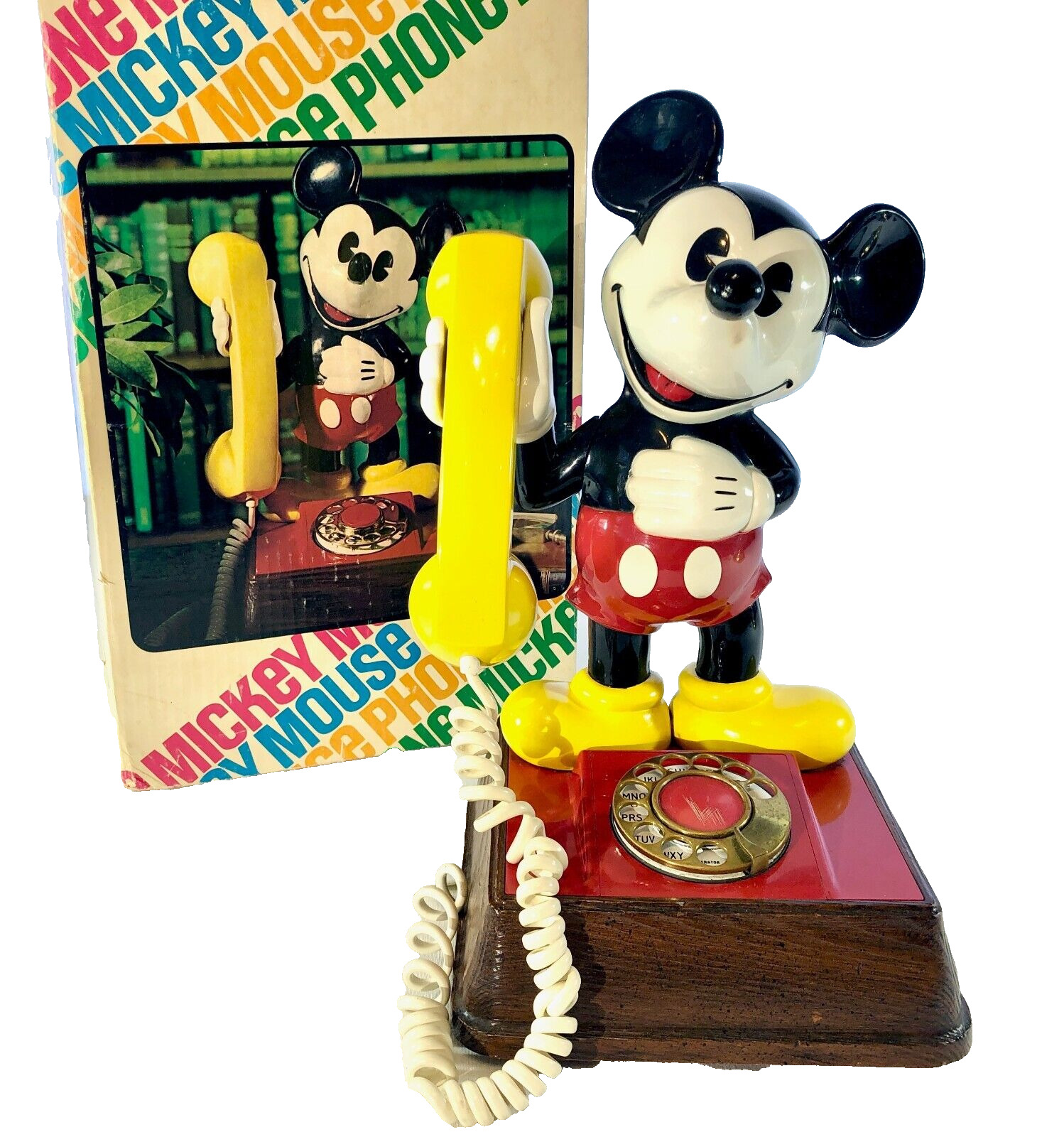 VTG 1976 Walt Disney MICKEY MOUSE PHONE ROTARY TELEPHONE  w/Orig Box ~ SEE VIDEO