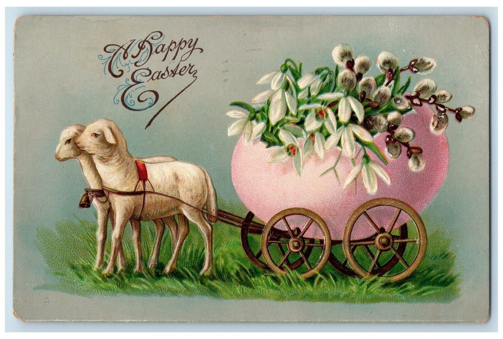 c1910\'s Easter Sheep Pulling Cart Wagon Hatched Egg Flowers Embossed Postcard