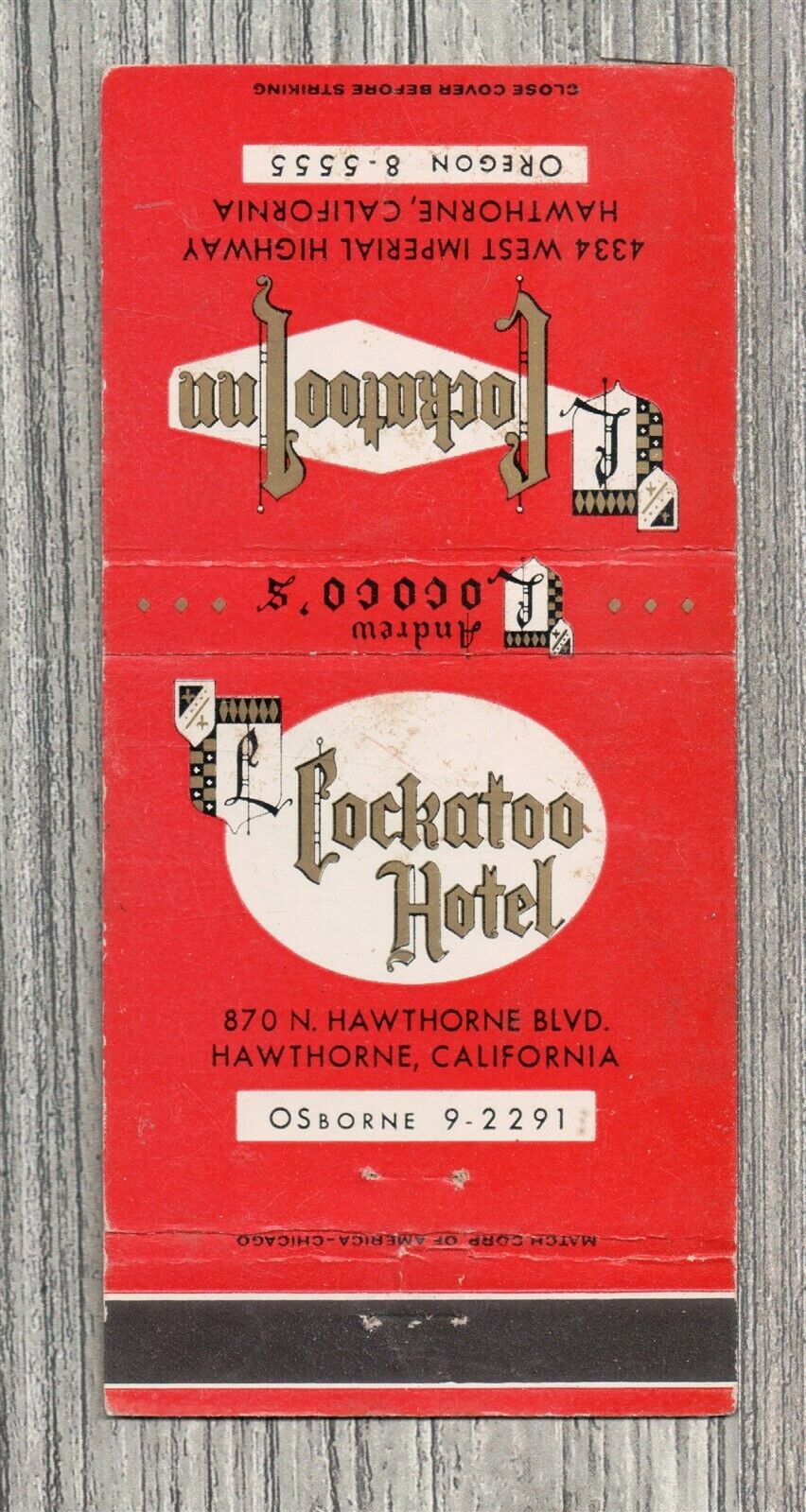 Matchbook Cover-Cockatoo Hotel and Inn Hawthorne California-9679
