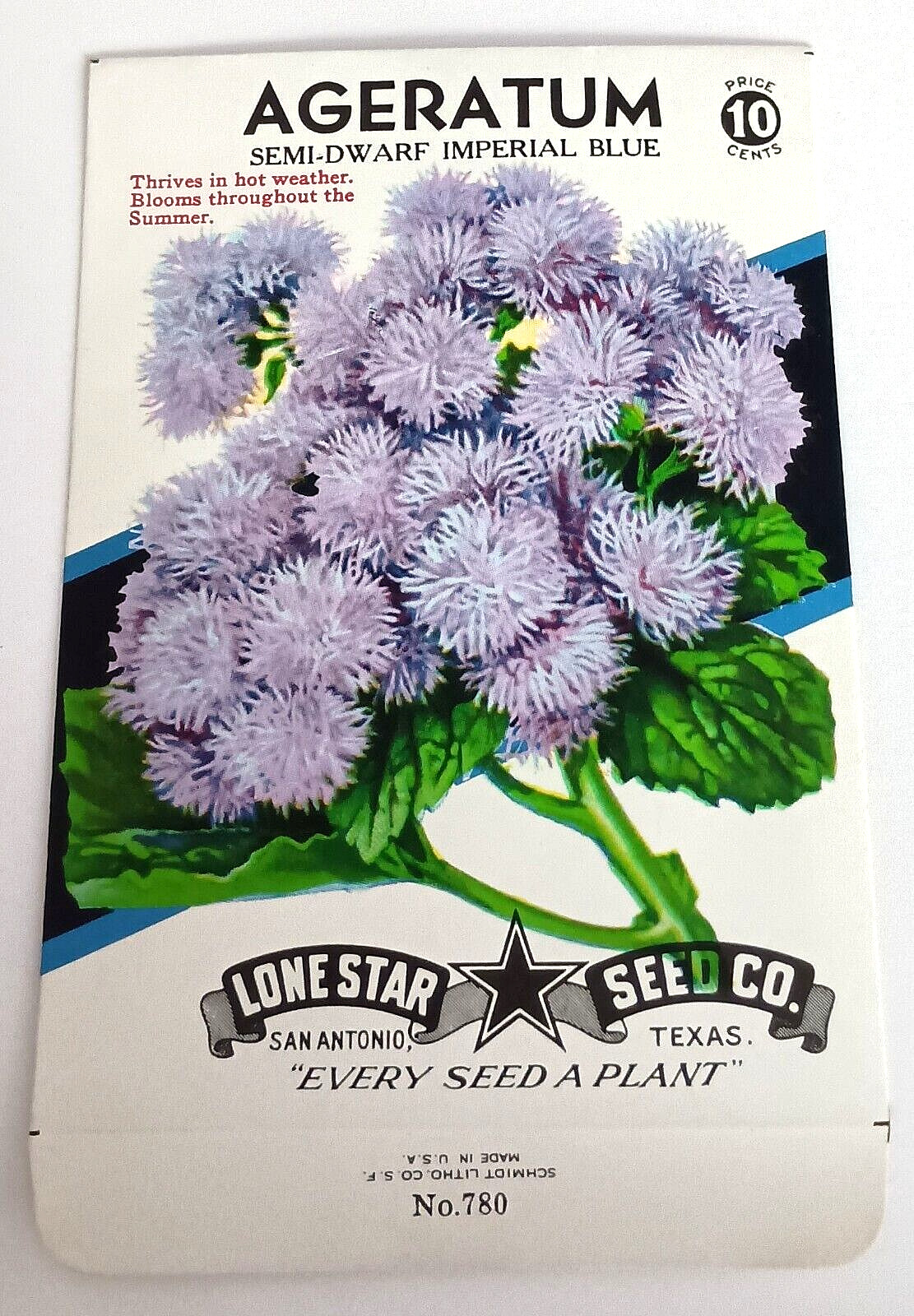 Vtg Ageratum Flower Lone Star Co. Seed Litho Packet NOS New 1950s San Antonio TX