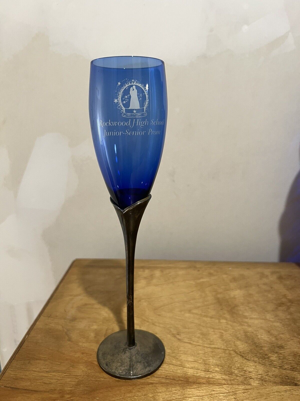 Vintage Rockwood, TN High School Prom Cobalt Blue Champagne Glass W/ Pewter Base