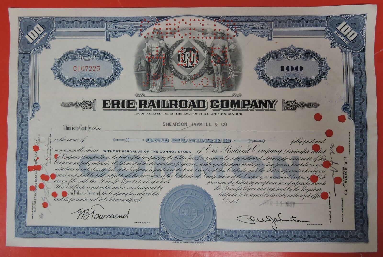 1951 ERIE RAILROAD COMPANY STOCK CERTIFICATE-100 SHARES
