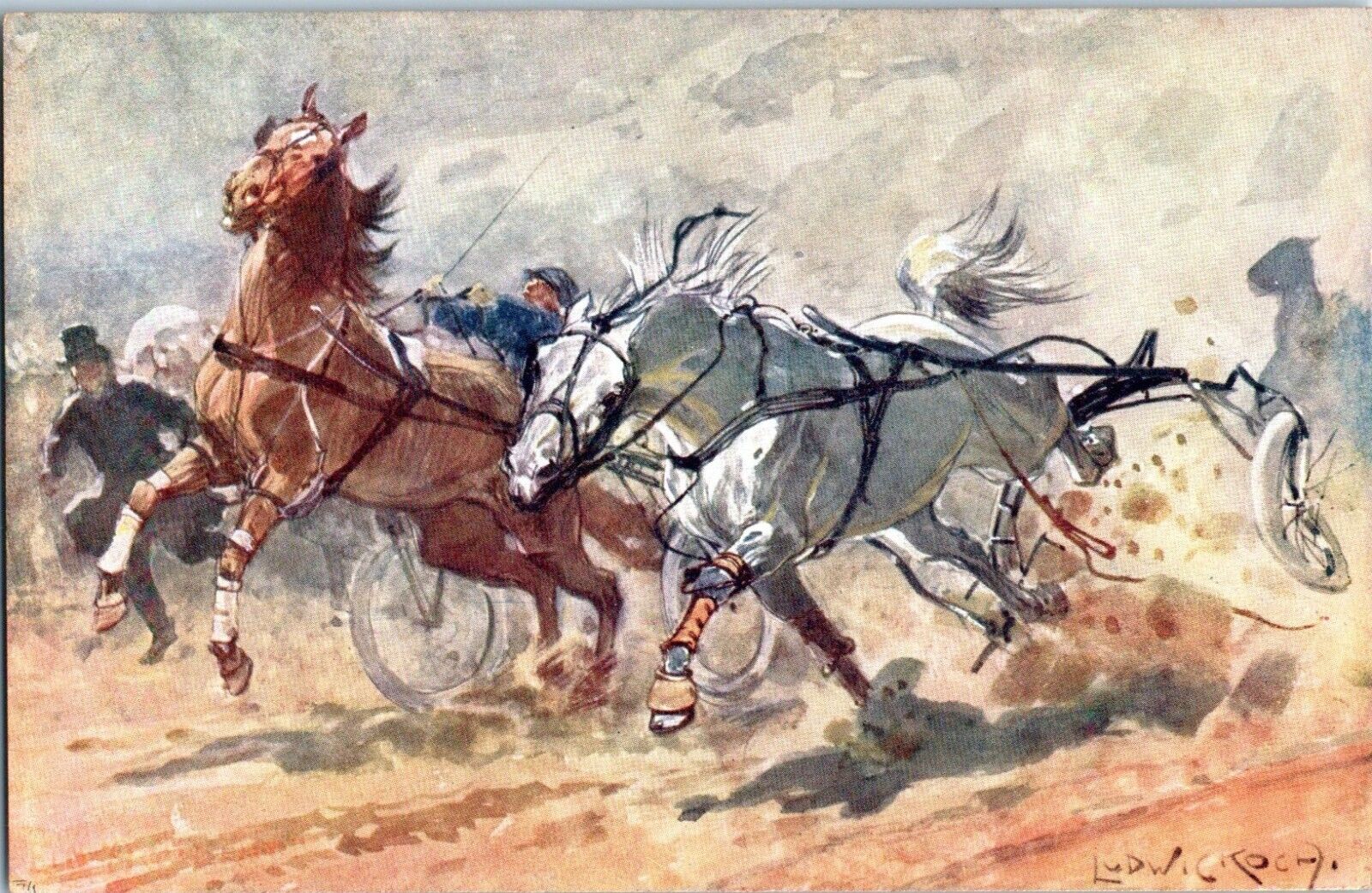1910s Horses Racing Artist Signed Ludwig Koch Postcard