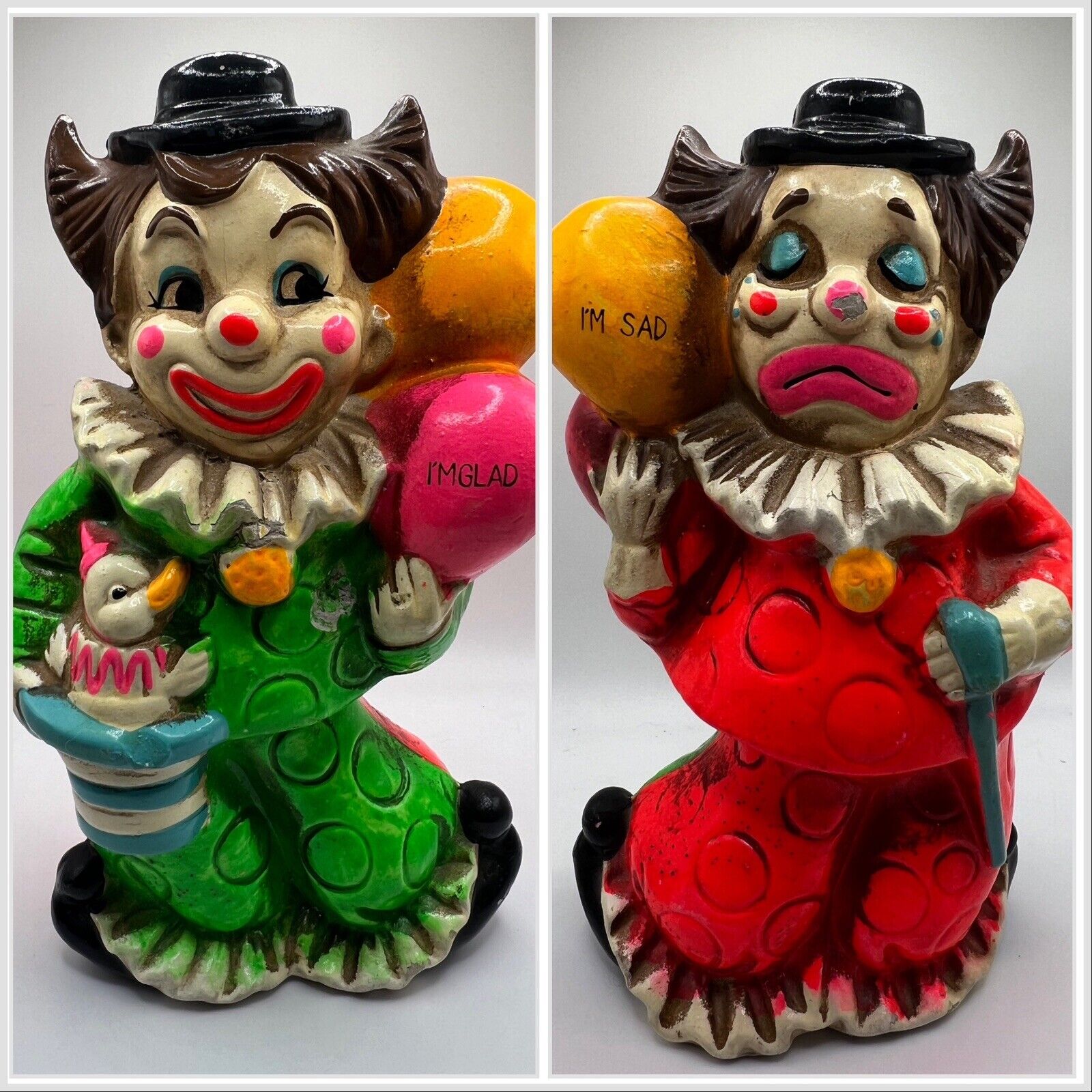 ROSSINI JAPAN VINTAGE 1960s 2 Sided BANK Happy /Sad Clown 8 1/2” High Colorful