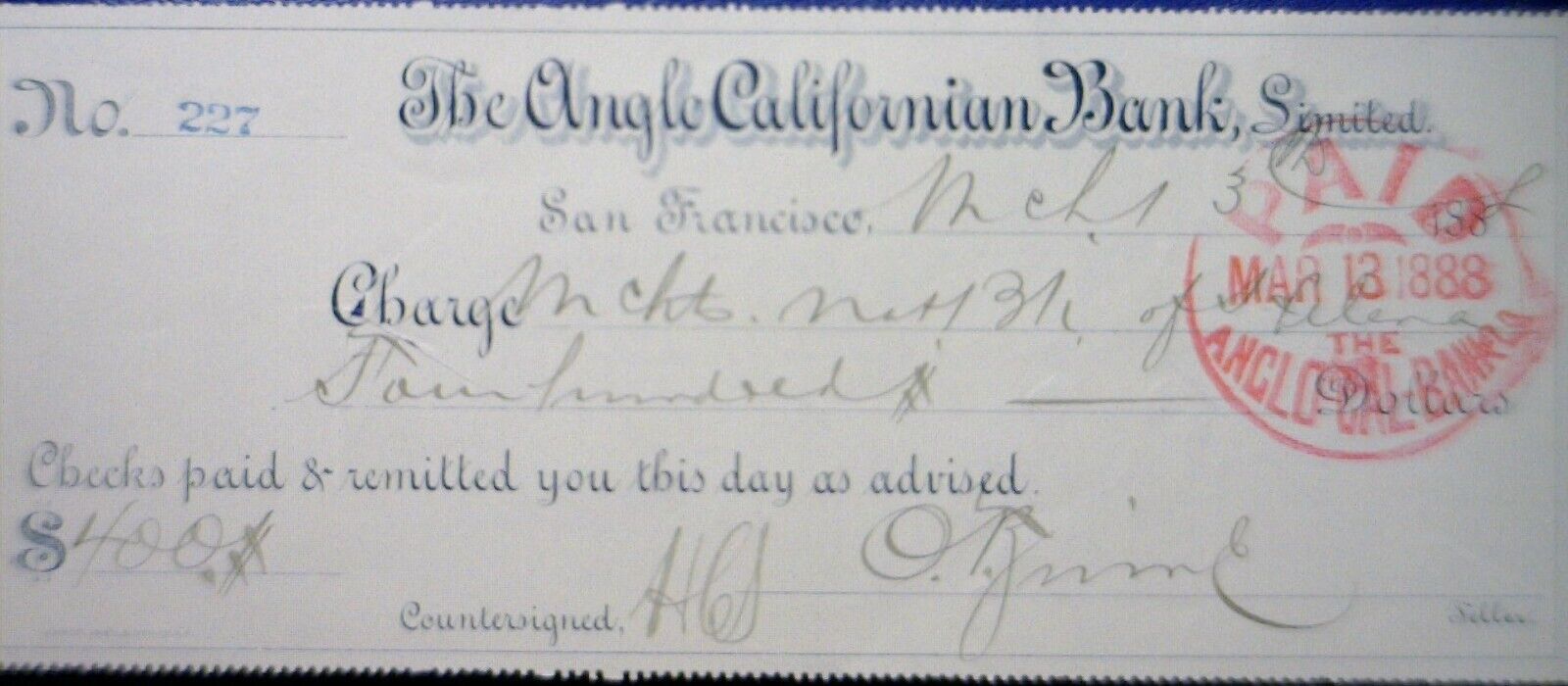 1888 The Anglo Californian Bank San Francisco CALIFORNIA Check LOT #12 