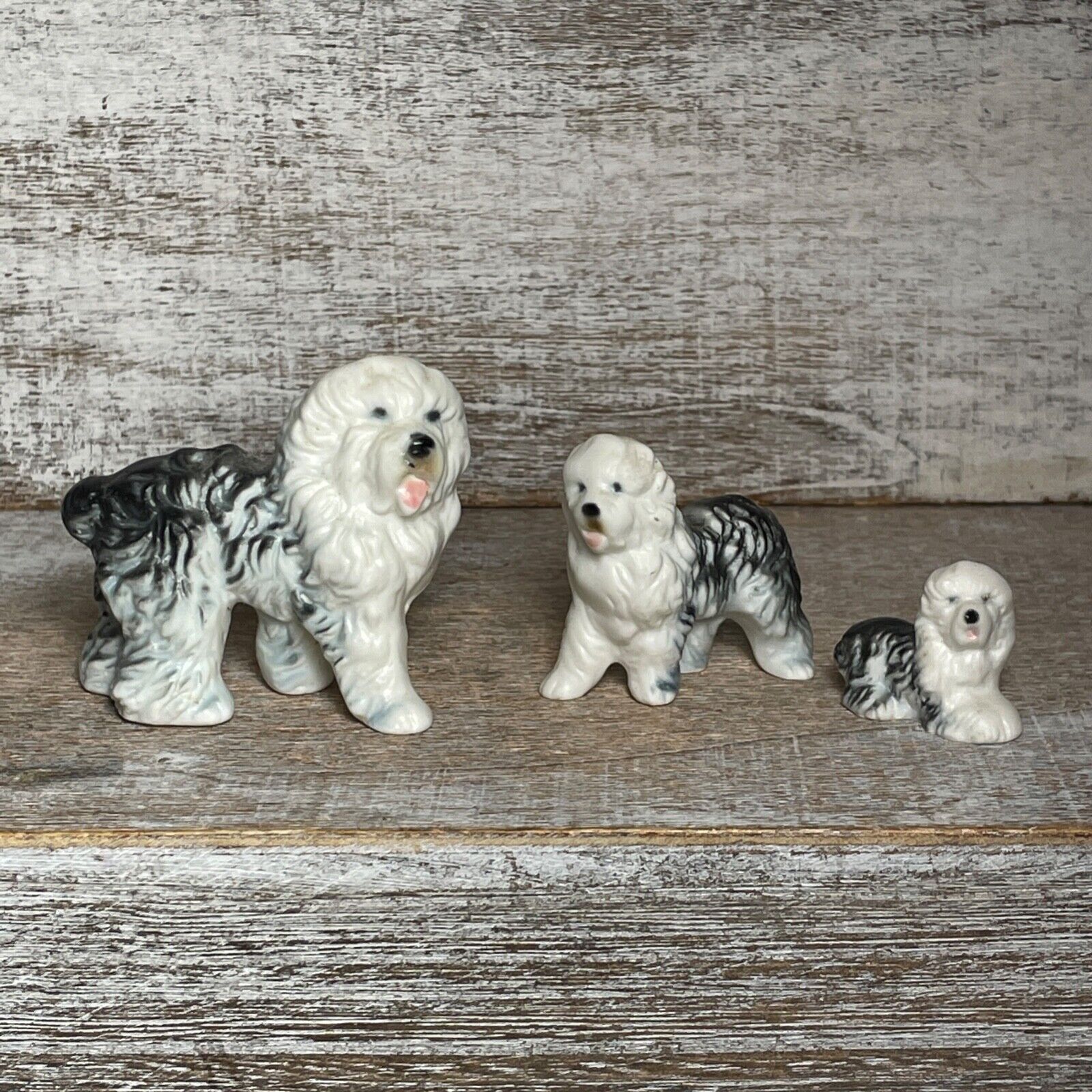 Set of 3 Vintage Charming Miniature Shaggy Dog Ceramic Figurine White Gray