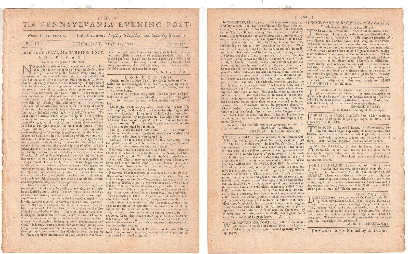 May 15, 1777 Pennsylvania Evening Post Newspaper Revolutionary War Era