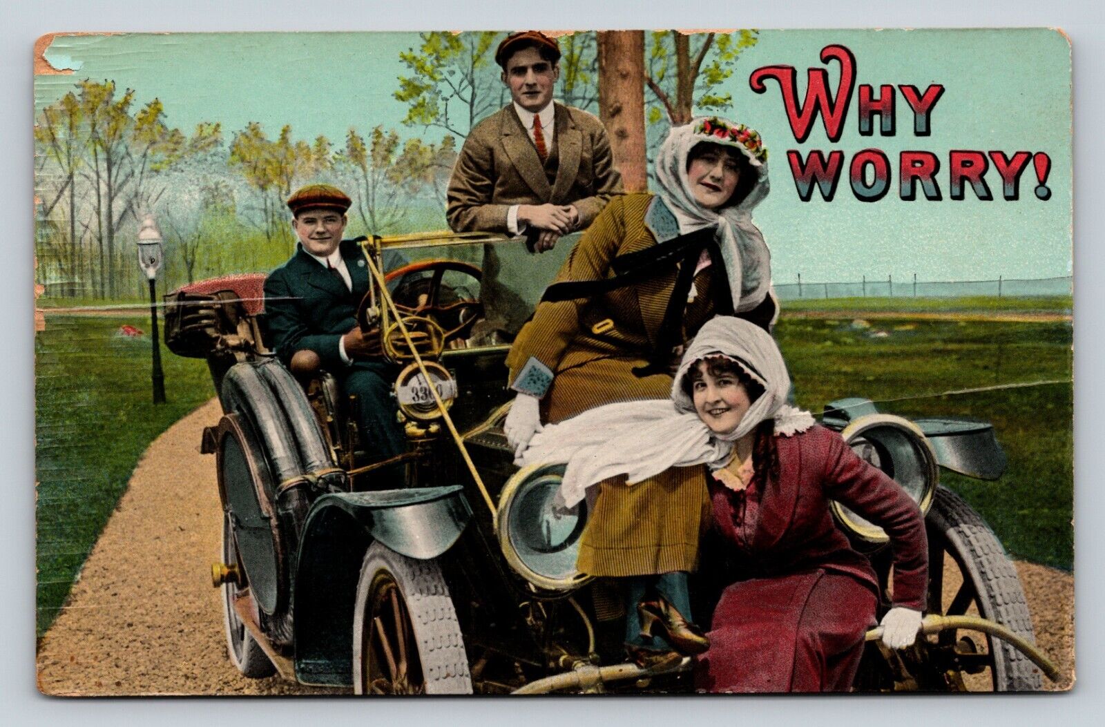 Why Worry People Sitting On Classic Car VINTAGE Postcard