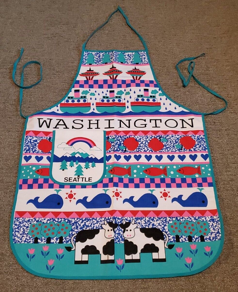 Seattle Washington Apron Turquoise Pink Blue Animals Cow Whale Fish Hearts Trees