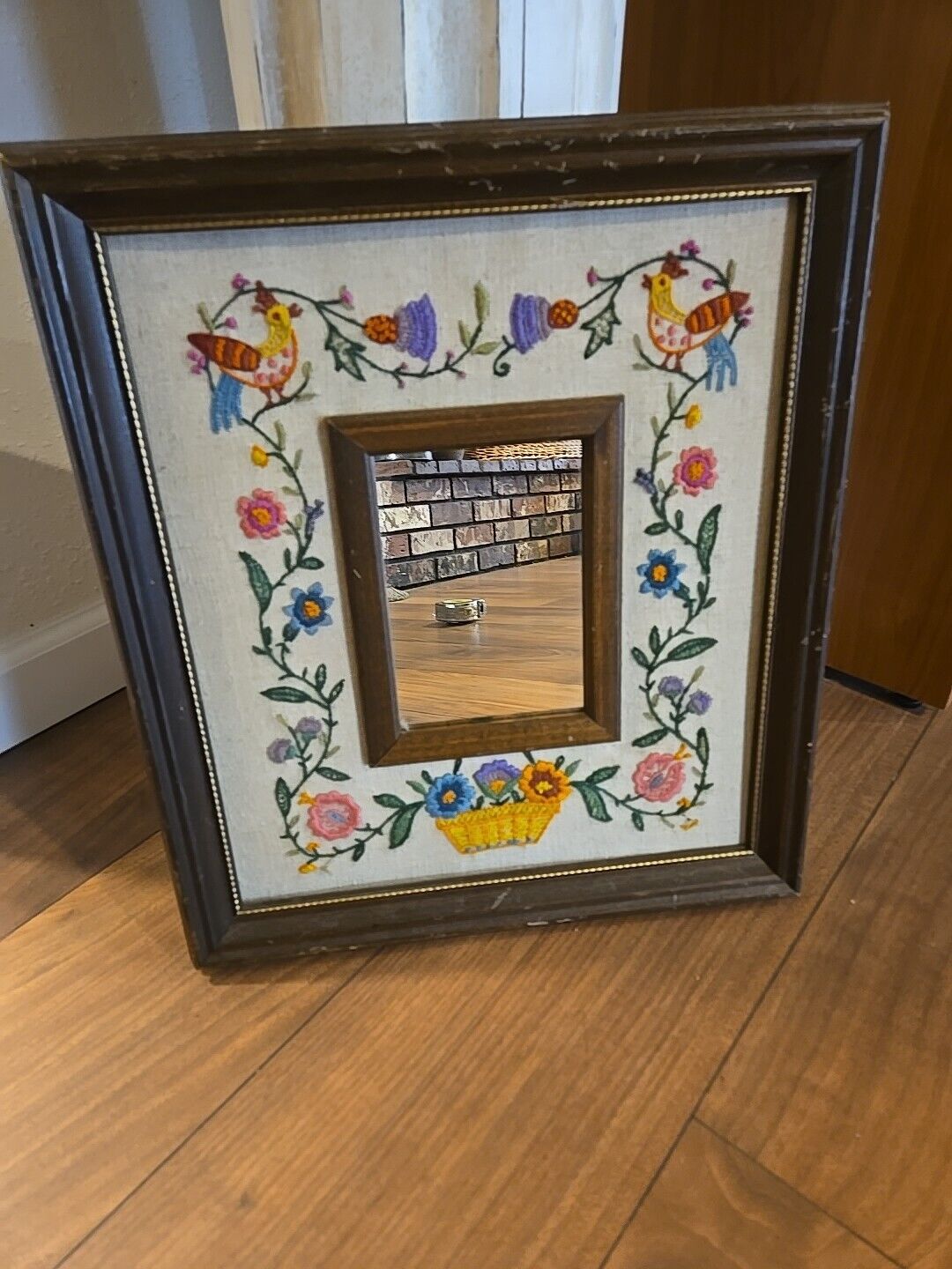 Antique Framed Mirror Embroidery Crewel Jacobean Sampler Linen Wool Bird Floral 