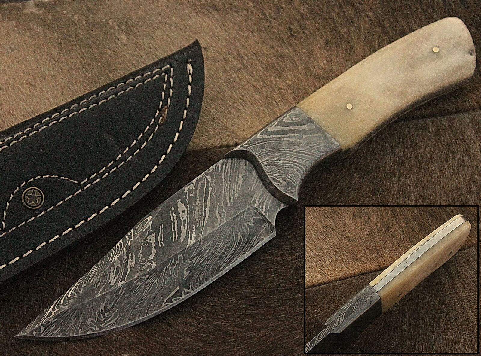 RA-9002 Custom Made Damascus Steel Hunting Knife Bone Handle, Damascus Bolste...