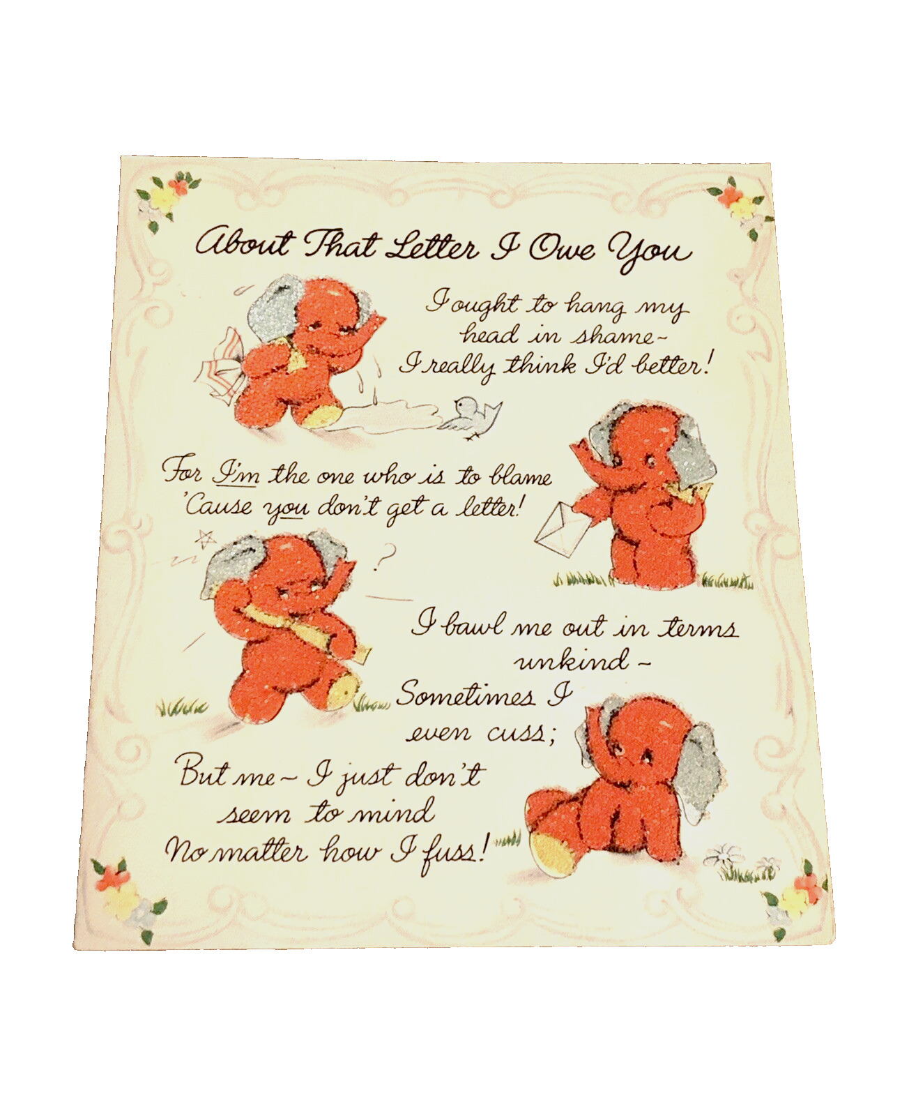 VTG Hallmark Red Beaded Elephant Owe You a Letter Greeting Card USA Unused 1945