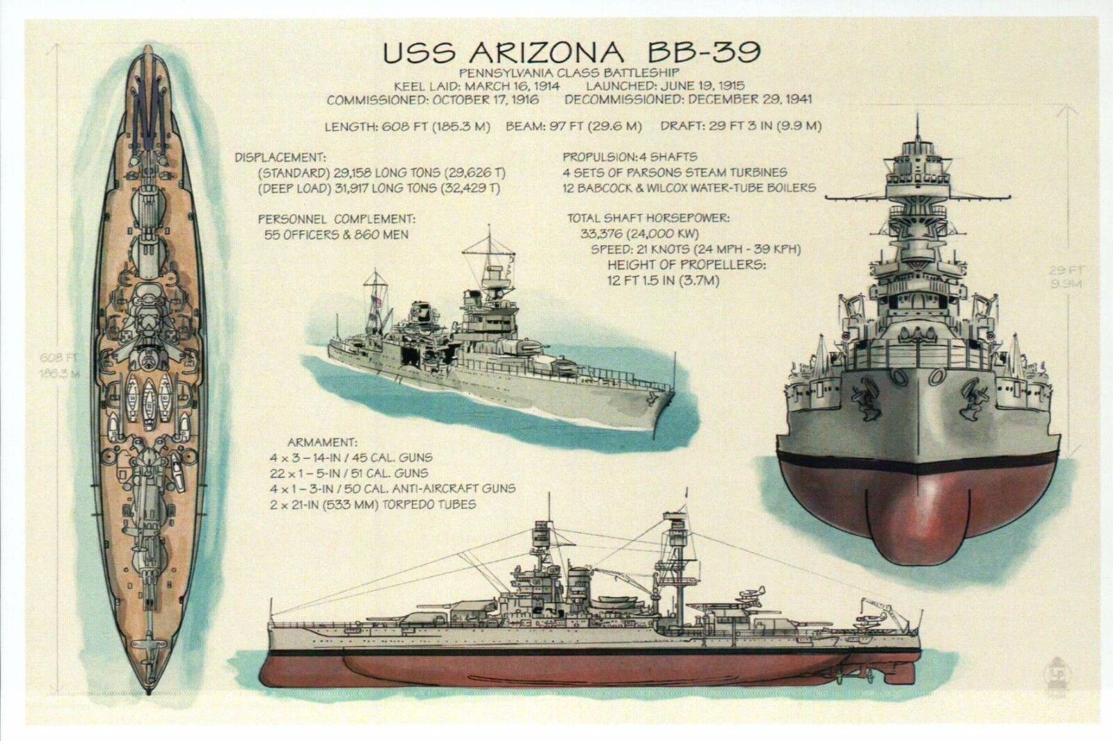USS Arizona BB-39, Battleship, Ship, Military, Construction - Technical Postcard