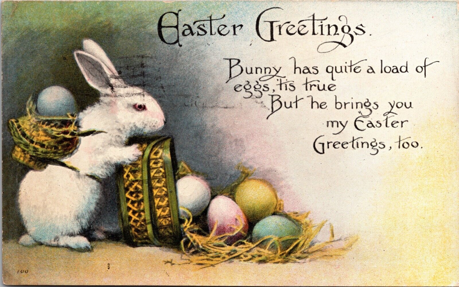 BUNNY HAS QUITE A LOAD OF EGGS-VTG 1916 EASTER POSTCARD *T