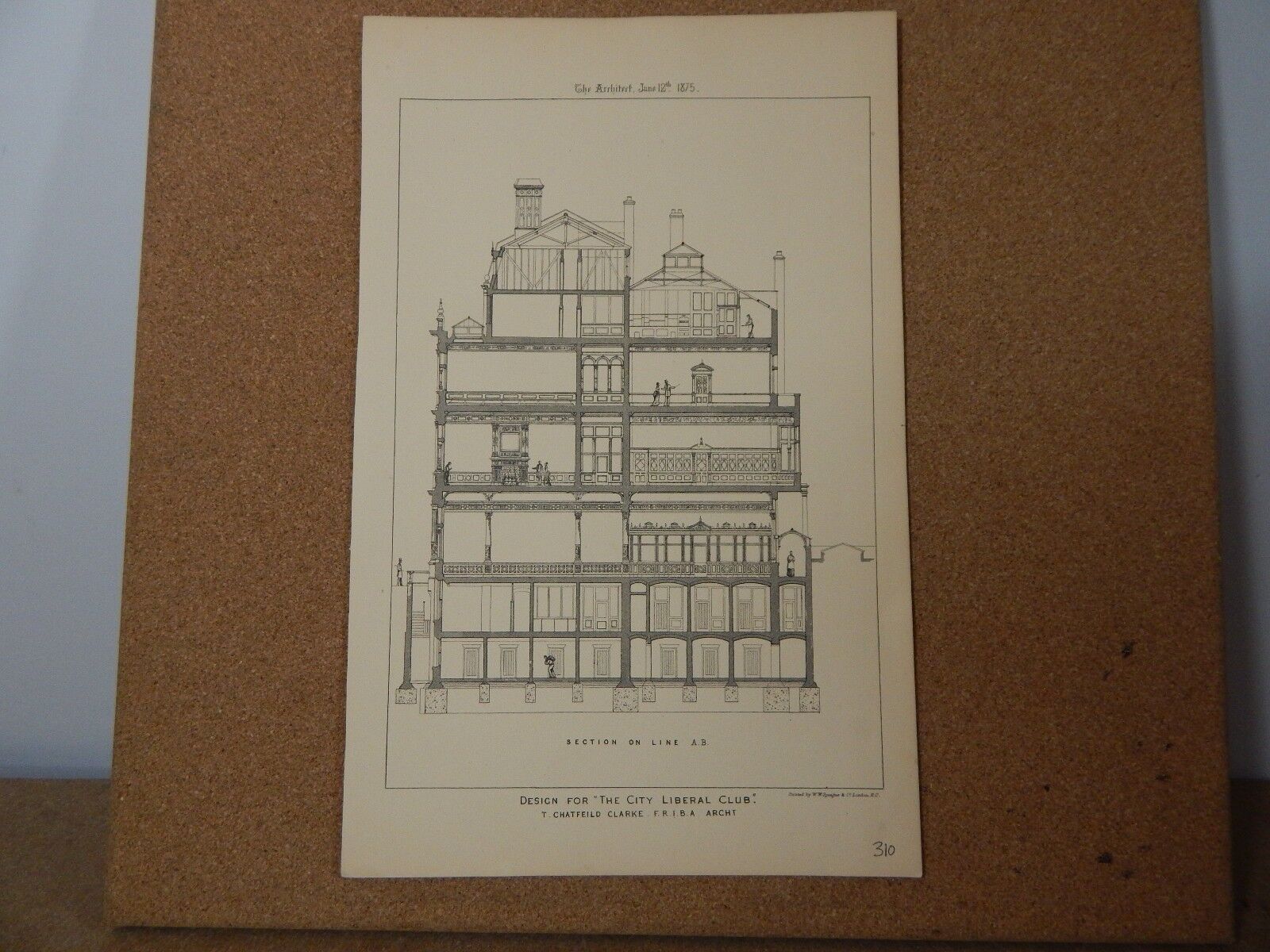 Antique Architects print The city Liberal club The architect 1875.