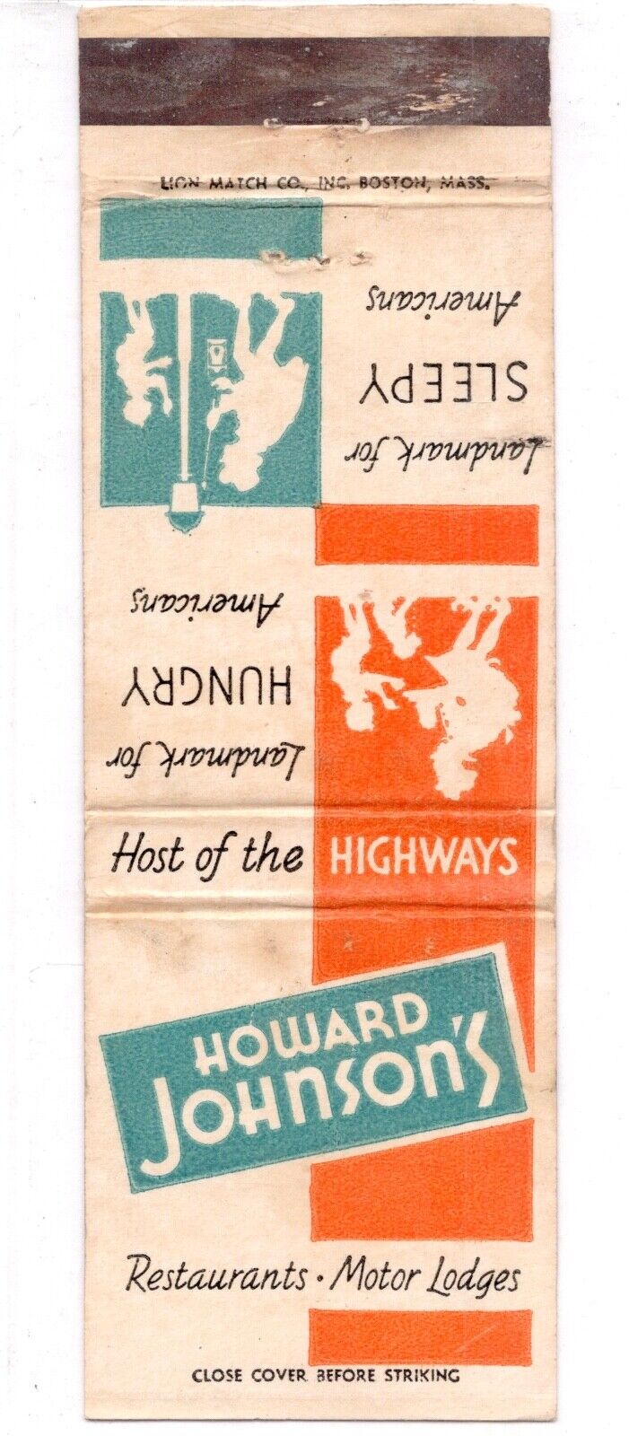 c1950s~Howard Johnsons~Motor Lodges~Restaurants~MCM~Vintage Matchbook Cover