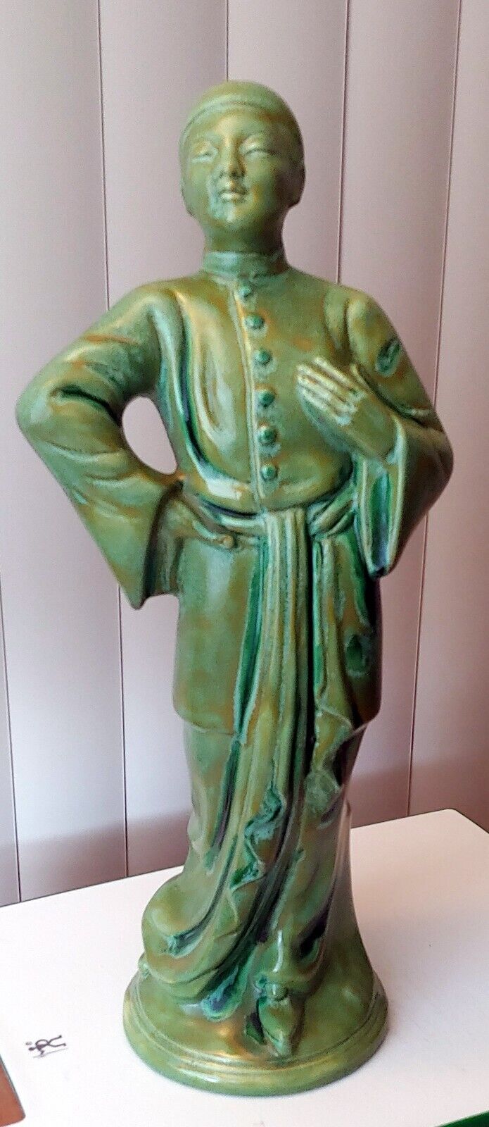Vintage Ceramic Chinese Man Artist Large Green Figurine Asian Decor Statue 19.5\