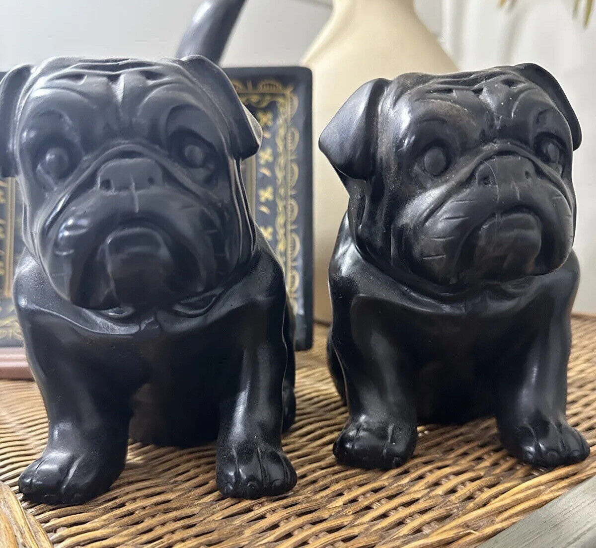 SOLID Cast Iron DOG Pug Bull Boston French Black TWO (PAIR) figure 5.5”x4” VTG