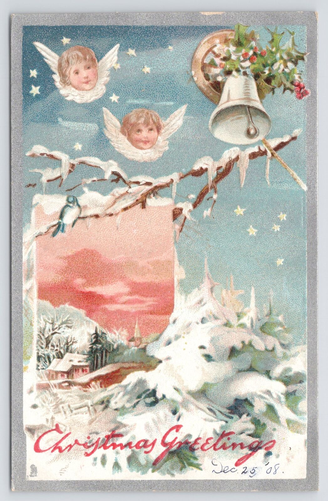 TUCK~Christmas~#136~PM 1908~Greetings~Winter~Bells~Angel Babies & Holly Berries
