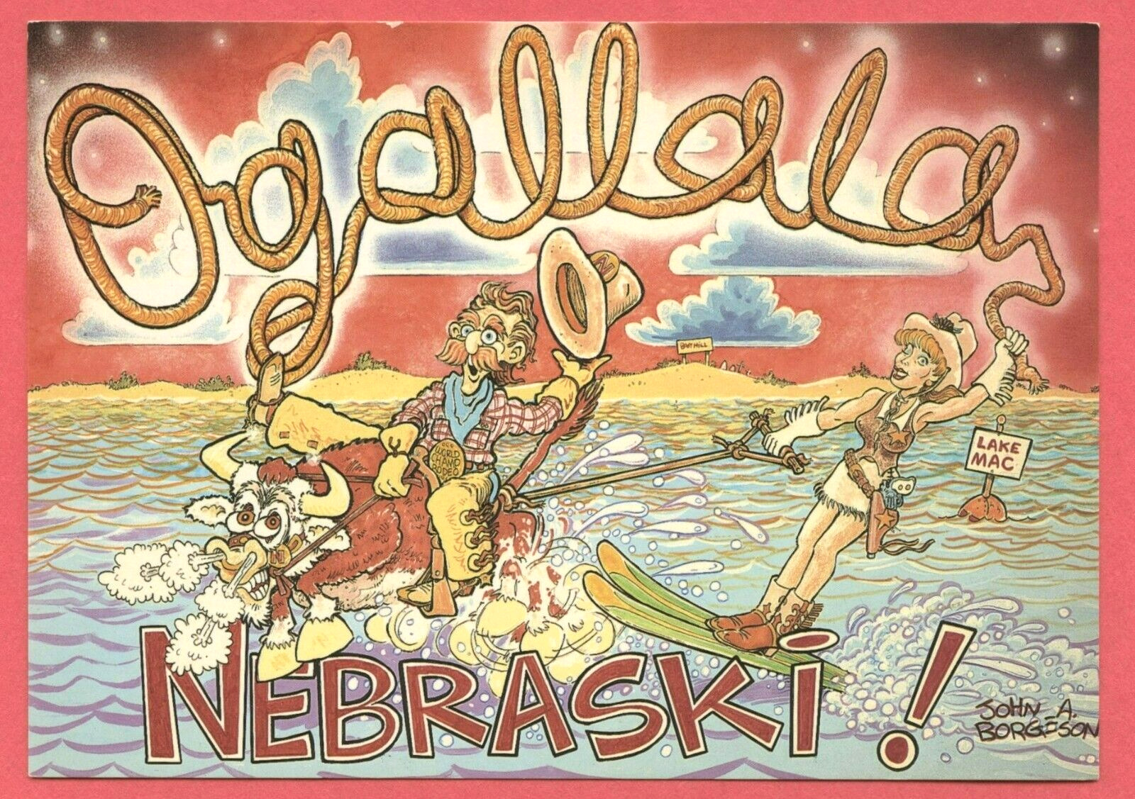 Ogallala Nebraska Lake Mac Comic Large Letter Cowboy Bull Cowgirl Skier Postcard
